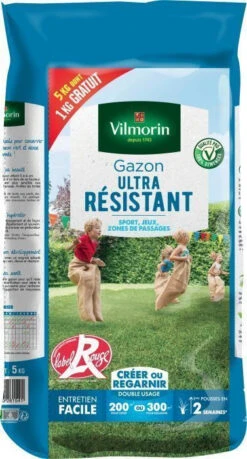 Gazon Ultra Résistant - Label Rouge - 200/300m² - Sac De 5kg Dont 1kg Offert